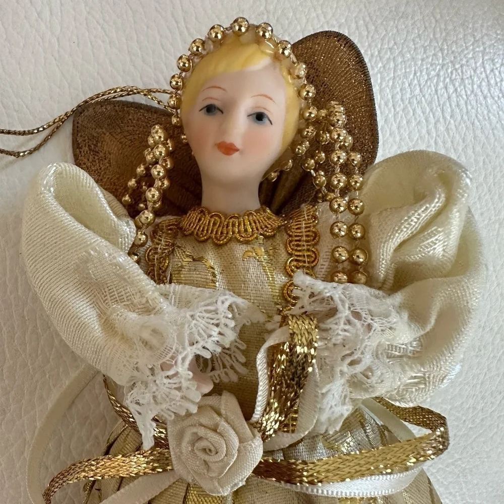 Rare Vintage Dancing Angel Ornament Gold Victorian Porcelain Angel Xmas Ornament